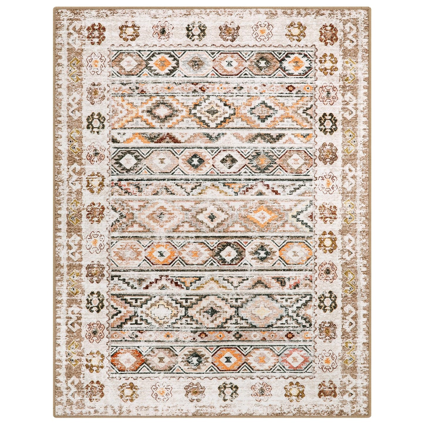 Wonnitar Boho Washable 5x7 Rugs, Moroccan Trellis Living Room Area Rug, Non-Slip Large Rug for Bedroom, Non-Shedding Western Ultra-Thin Floor Carpet for Kitchen Closet Dorm (Khaki/Multi,5'x7')