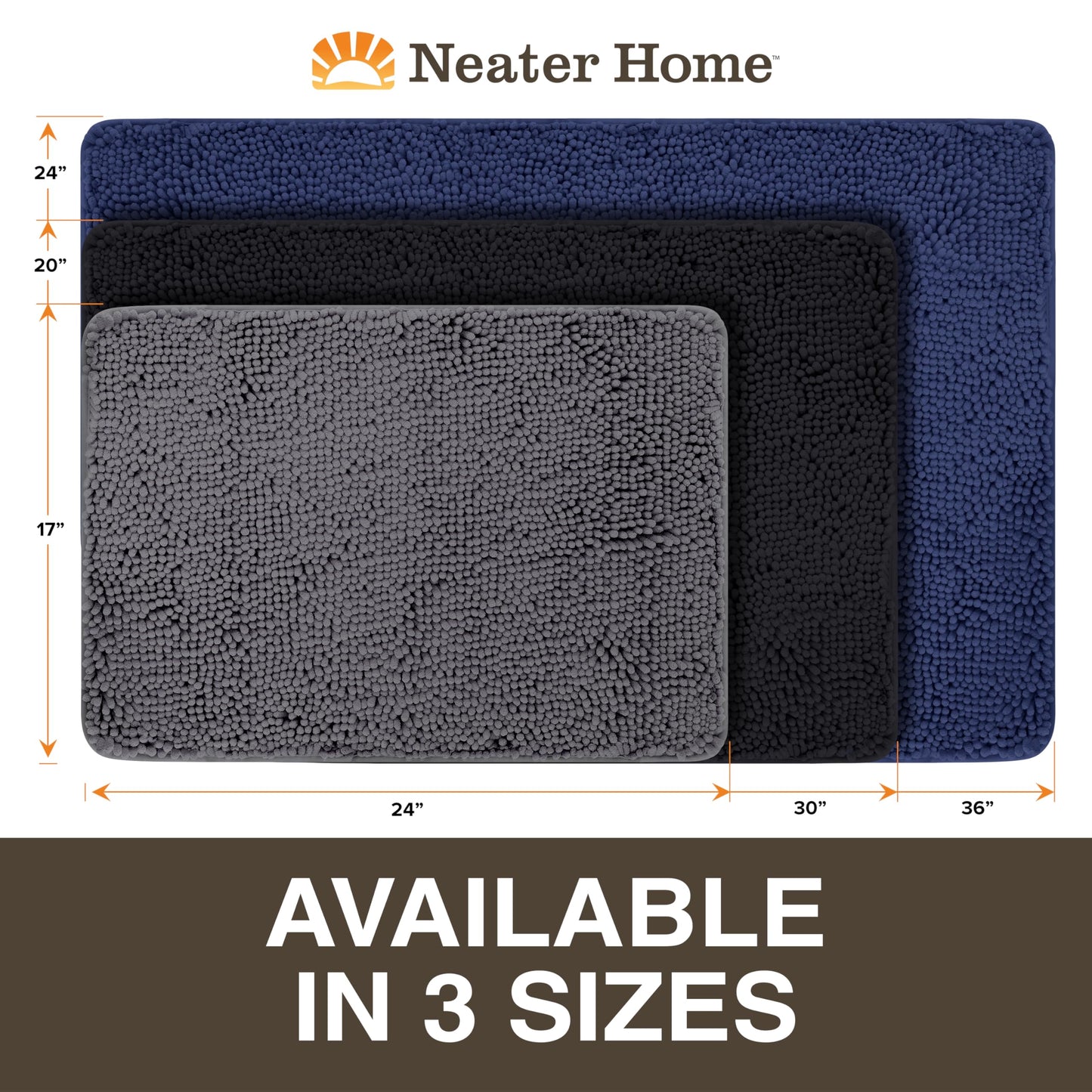 Neater Home Plush Bathroom Rugs 36x24 Thick Chenille Quick Dry Microfiber Absorbent Bath Mat, Soft Bath Rugs, Machine Washable Bathroom Floor Mat for Tub Shower Sink, Home Decor Accessories, Black