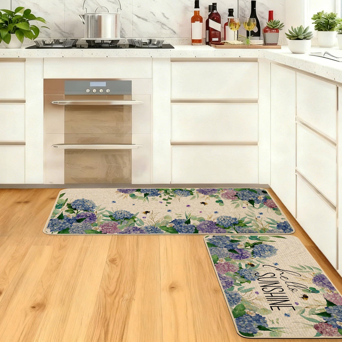 Baccessor Hydrangea Kitchen Mats Set of 2, Spring Summer Floral Bee Kitchen Rugs for Floor Non Slip Absorbent Low-Profile Seasonal Farmhouse Home Decor 17x29 and 17x47 Inch