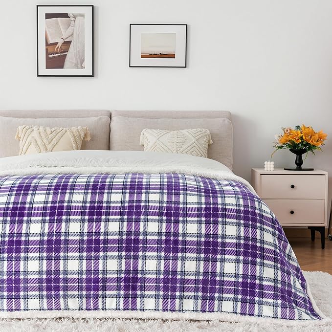Touchat Sherpa Plaid Throw Blanket, 60" X 70"Fuzzy Fluffy Cozy Soft Blanket, Fleece Flannel Plush Twin Size Microfiber Blanket for Couch Bed Sofa,Purple