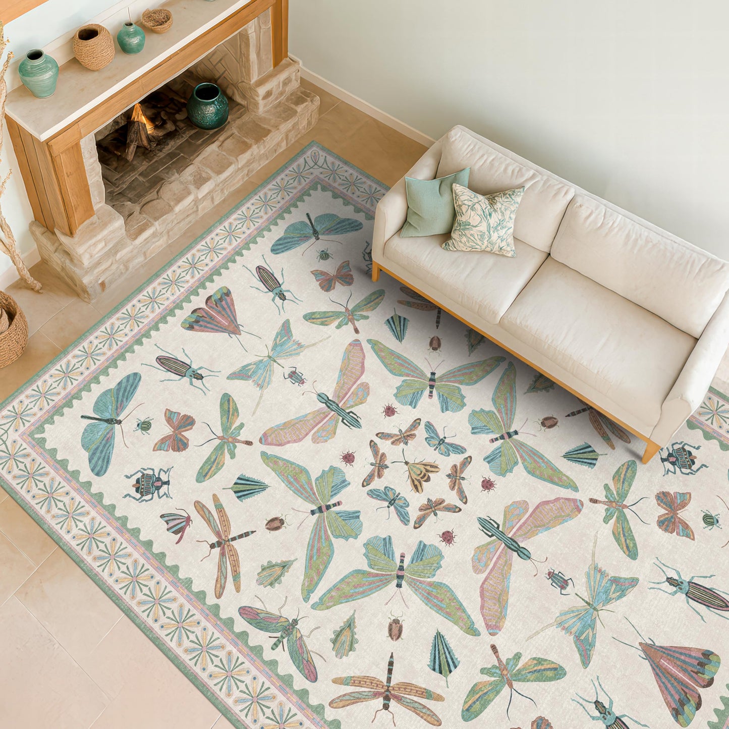 5x7 Pink and Green Nursery Rug - Colorful Rug for Playroom, Bedroom, Living Room, Insect Butterfly Floral Non-Slip Soft Carpet