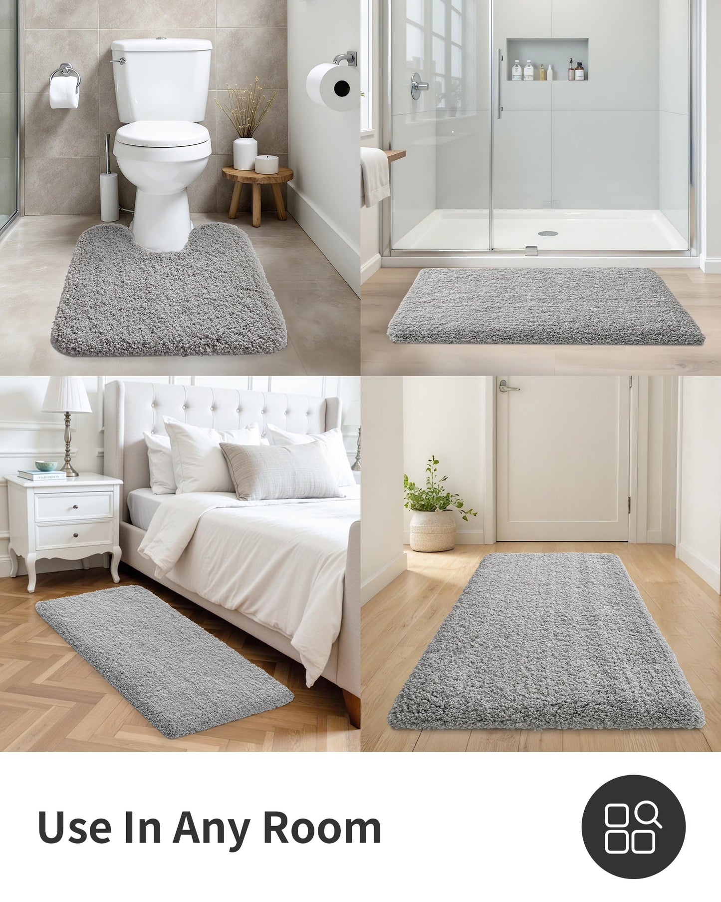 ILANGO Grey Toilet Rugs U Shaped 22" × 24" Non Slip & Super Absorbent Extra Thick Soft, Washable Bath Mats for Bathroom Floor, Microfiber Plush Shaggy Contour Bath Rugs for Toilet,Dry Quick