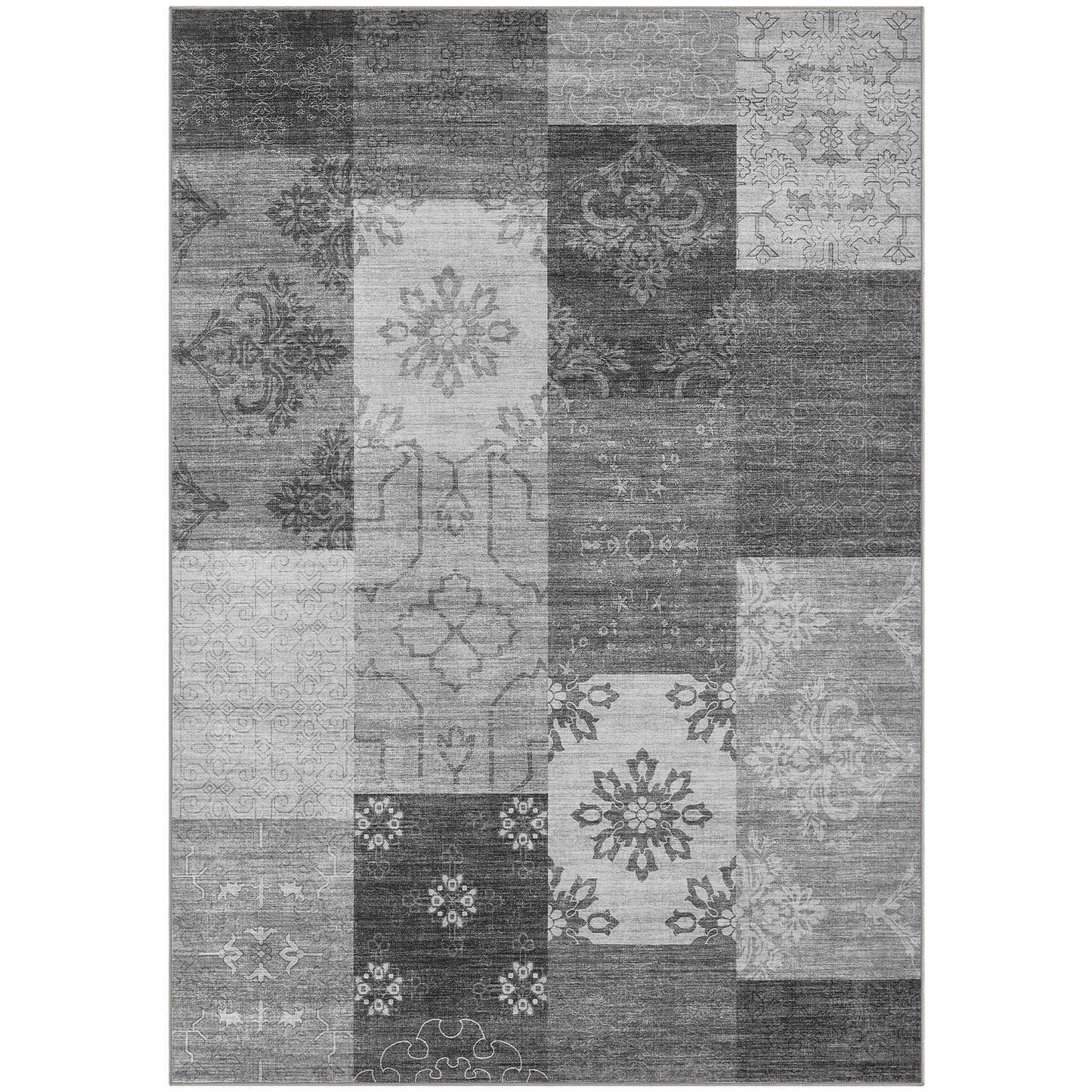UERMEI 8x10 Area Rug Washable, Gray Modern Geometric Rugs for Living Room, Non-Slip Patchwork Carpet, Stain Resistant Low-Pile Foldable Rug for Bedroom Dining Room