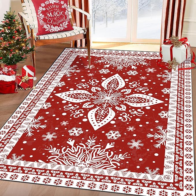 2' X 3' Christmas Area Rug Snowflake Rug Washable Non Slip for Entryway Indoor Front Door Laundry Dorm Bathroom Red Merry Christmas Carpet for Kids Girls Doormat