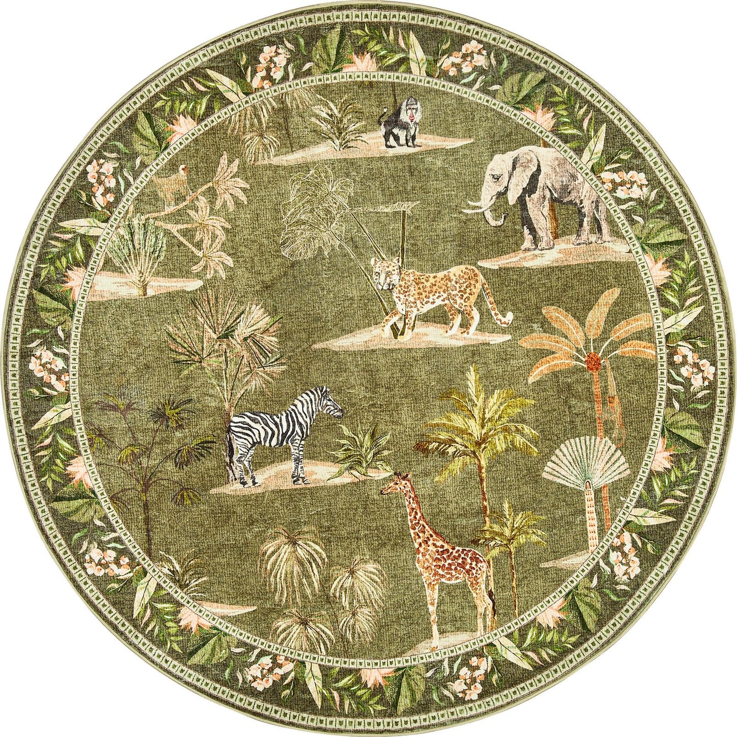 jinchan Round Rug 7ft Green Jungle Animals Print Living Room, Machine Washable 7' Circle Modern Soft Non-Slip Forest Plant Kids Room Throw Area Rug, Low Pile Carpet for Dining Room Bedroom