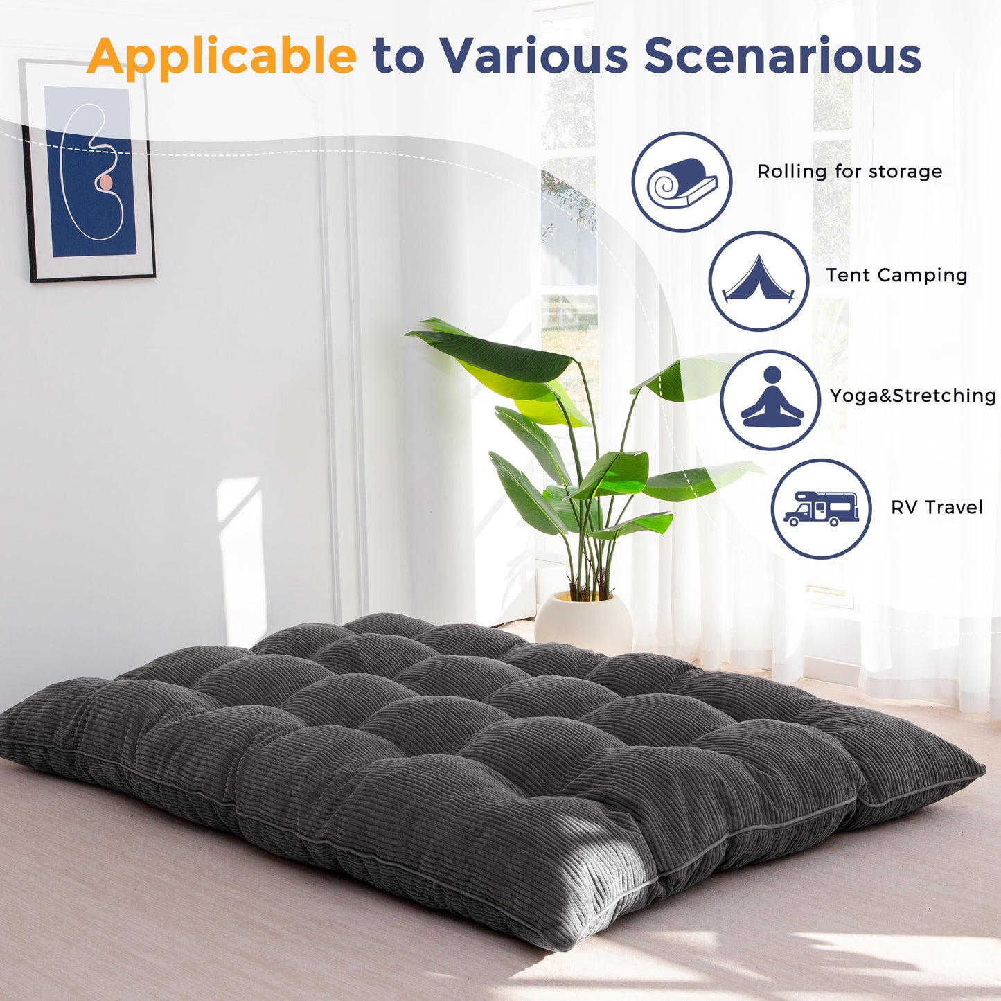 MAXYOYO 6" Japanese Floor Mattress, Foldable Futon Mattress Full Size, Tufted Roll Up Floor Couch, Thick Tatami Mat Sleeping Pad Portable Lounger for Camping Guest Room Dormitory RV, Dark Grey