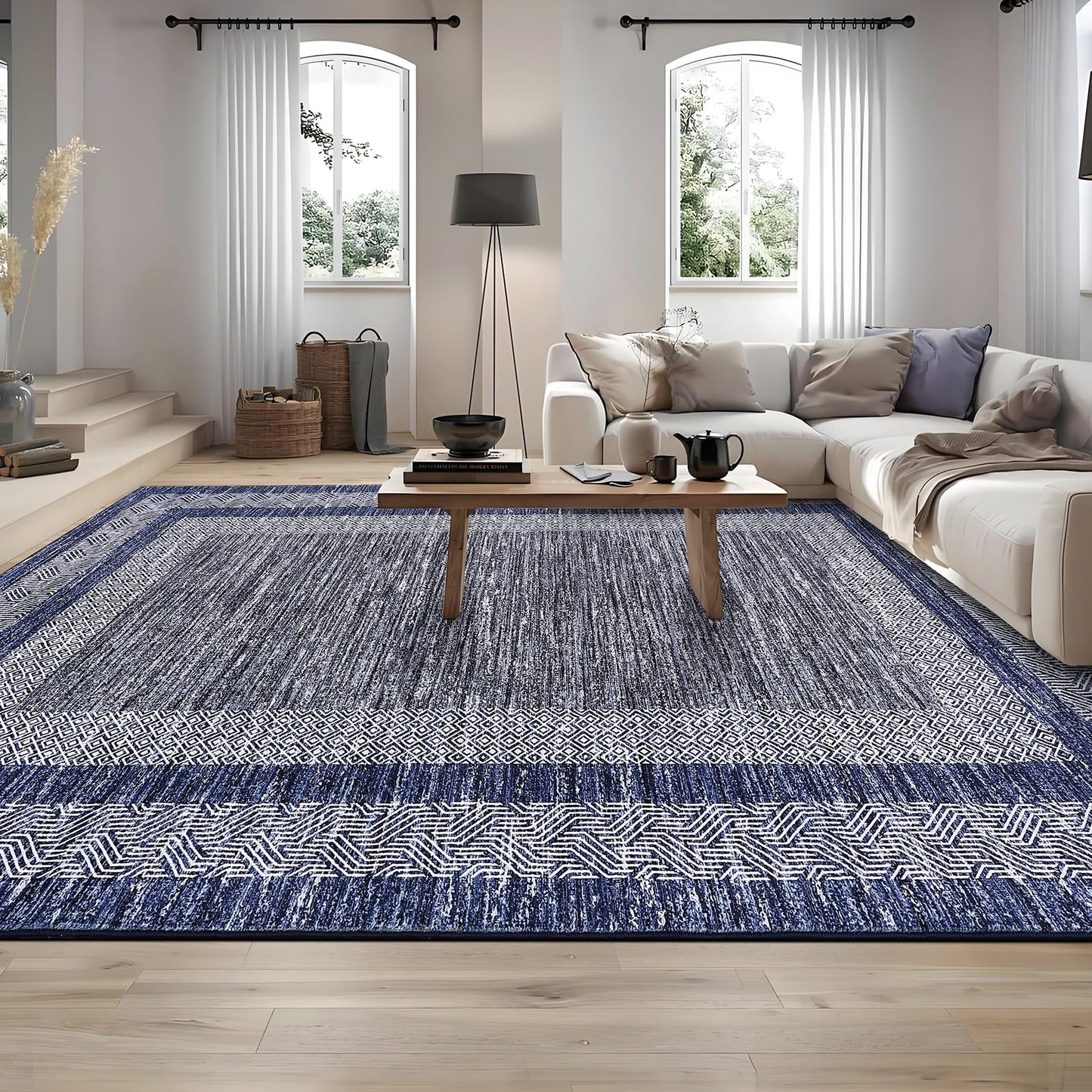 GarveeHome 2x6 Modern Bordered Runner Rug Soft Non Slip Runner Washable Non Shedding Floor Carpet, Distressed Geometric Hallway Runner, Indoor Printed Runner for Kitchen, Entrance, Blue