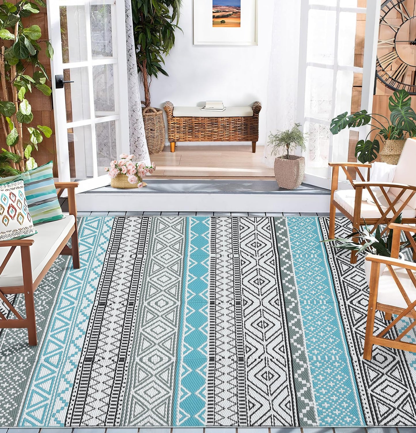 COZYLOOM Outdoor Rug Carpet Waterproof 9x12 ft Reversible Patio Rug Outside Plastic Carpet, Stain & UV Resistant Portable RV Mat Straw Rug for Camping, Backyard, Deck, Picnic, Porch, Blue/Grey