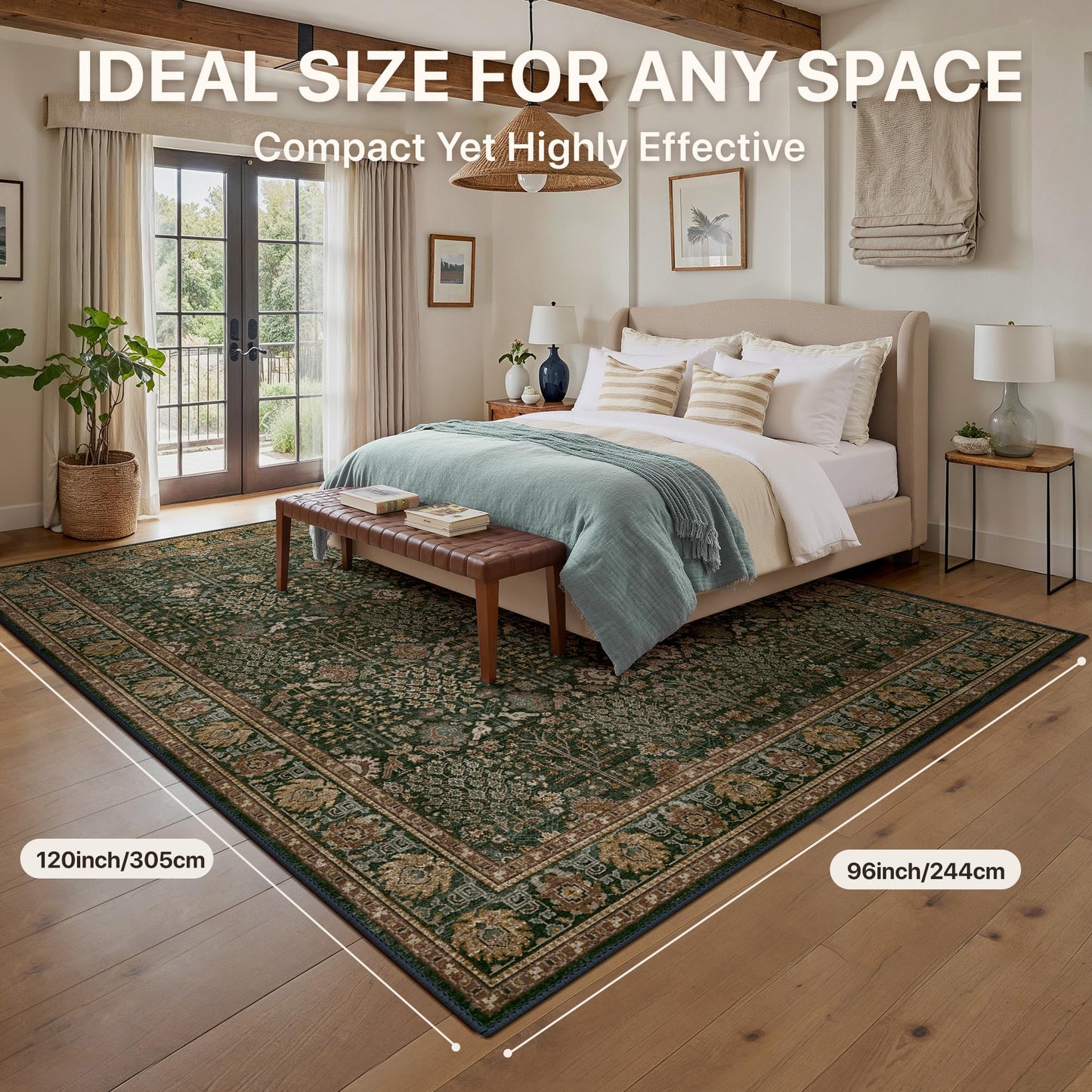 Bavni Washable Rugs 8x10-Machine Washable Rug Lightweight Low Pile, Vintage Floral Rug Non-Shedding Distressed Throw Carpet for Living Room Bedroom Office, Dark Green/Multi