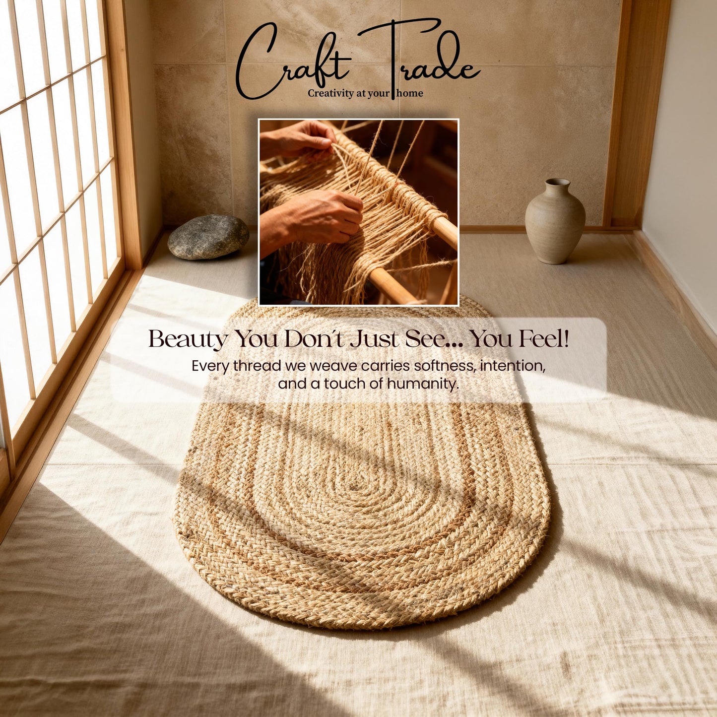 Craft Trade Oval Jute Area Rug, 3x5 Feet (36x60 Inch), Natural Braided Handwoven Floor Carpet, Reversible Oval Jute Rug for Entryway, Kitchen and Bedside