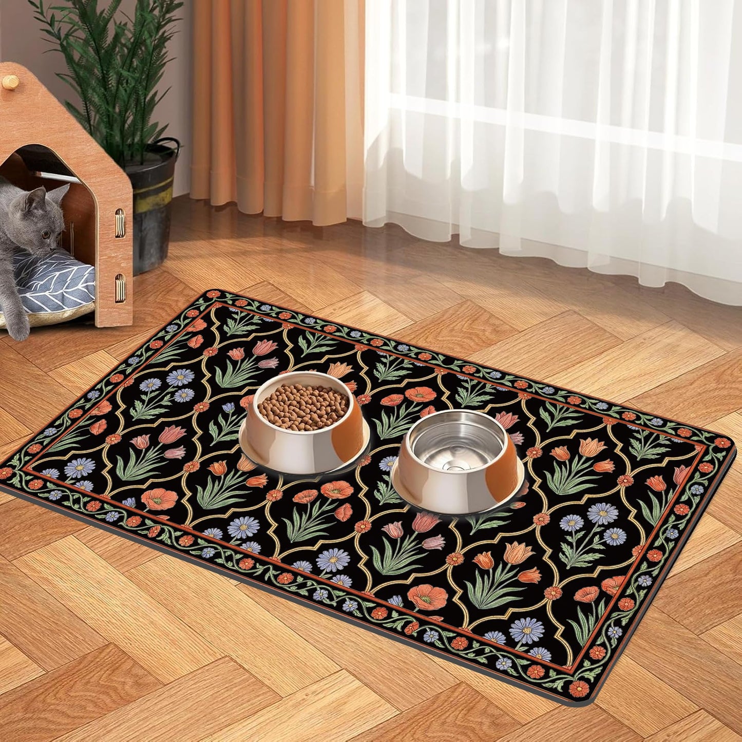 Pet Feeding Mat 24 x 16 Inch, Black Floral Pet Placemat Absorbent Quick-Dry for Food and Water, Waterproof Non Slip Rubber Bowl Pad Mat for Floors