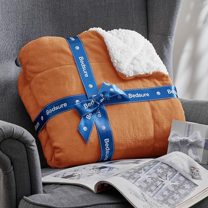 Bedsure GentleSoft Sherpa Fleece Blankets Queen Size for Bed - Thick and Warm, Soft Fuzzy Plush Queen Blanket for Winter, Burnt Orange, 90x90 Inches