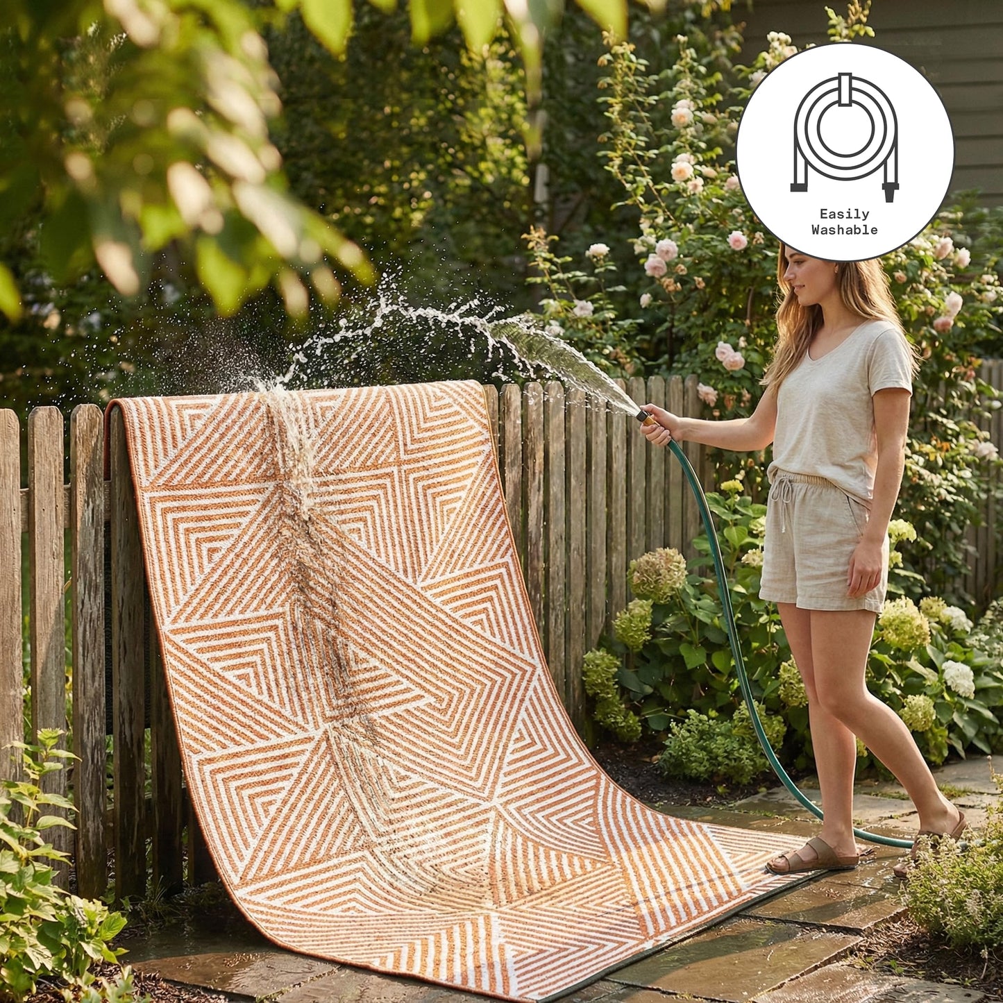 Fab Habitat Outdoor Rug - Waterproof, Fade Resistant, Crease-Free - Premium Recycled Plastic - Modern Geometric - Patio, Deck, Porch, Balcony, Laundry Room - Tokyo - Burnt Orange - 4 x 6 ft