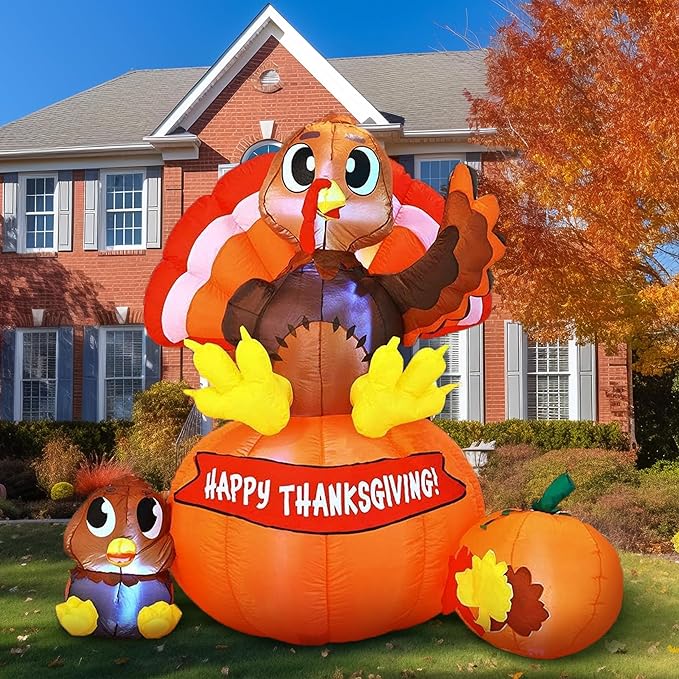 Joiedomi 6 ft Thanksgiving Inflatable Turkey on Pumpkin Decoration, LED Light Up Blow Up Turkey for Autumn Thanksgiving Family Party Décor, Halloween Inflatable for Yard Garden