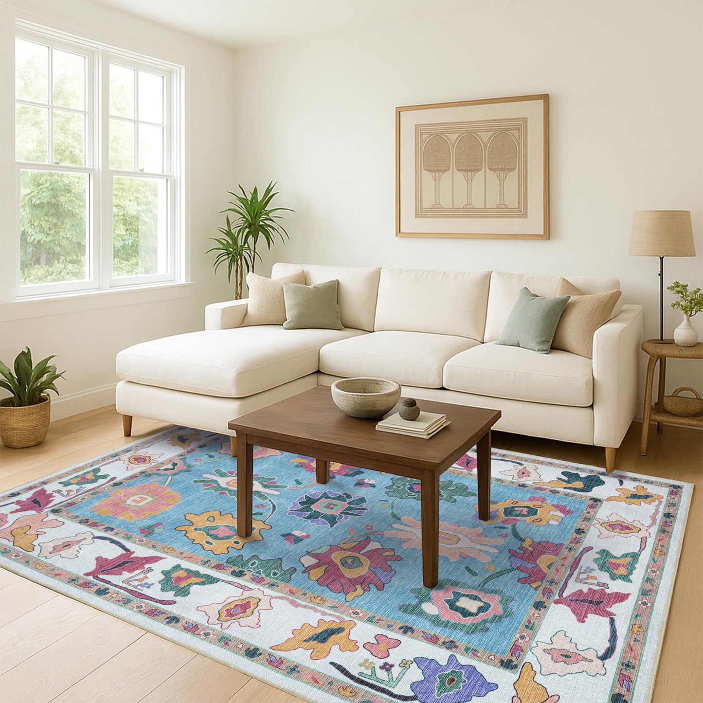 Fame Living Colorful Oushak Runner Rug, Modern Runners, Turkish, Eclectic, Floral, Pastel, Washable, Small Throw Rugs, Short Runner for Entryway, Laundry, Foyer, Bedroom, Kitchen, Bathroom, 2'5"x6'5"