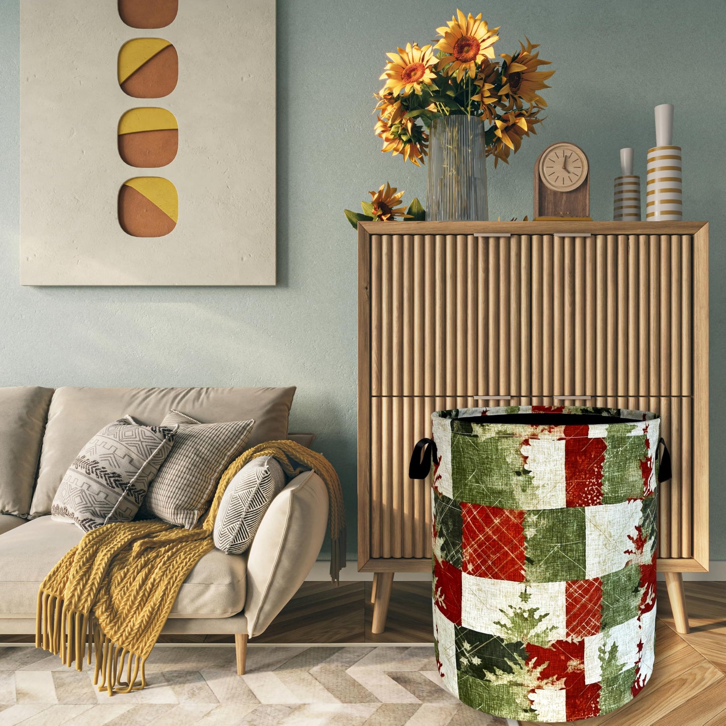 Christmas Laundry Basket Retro Red Green Christmas Tree Print Funny Laundry Hamper Foldable Oxford Cloth Tote Bag Clothe Toy Storage Bucket 18.9"x16.5"For Bathroom/Laundry Storage/Bedroom