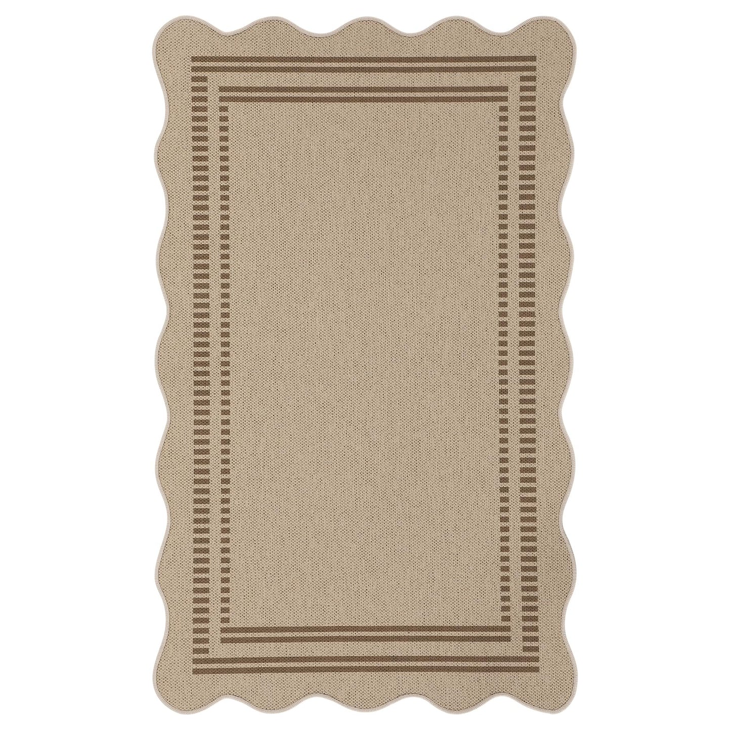 Tribesigns Scalloped Easy Jute 3x5 Indoor Outdoor Patio Rug, Tan/Striped Washable Non-Slip Kitchen Area Rugs for Entryway Door, Farmhouse Modern Carpet for Living Bedroom Office