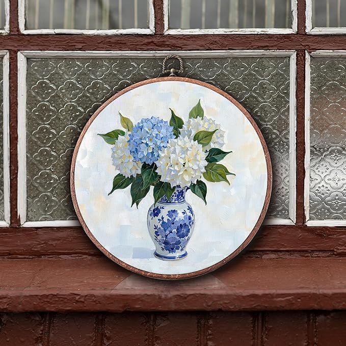 Threegoat Chinoiserie Spring Floral Framed Round Wall Art,Blue and White Hydrangea Flowers Wall Art Decor for Bedroom,Vintage Wall Hanging Decor for Grand Millenial Grandmillennial Home - A05