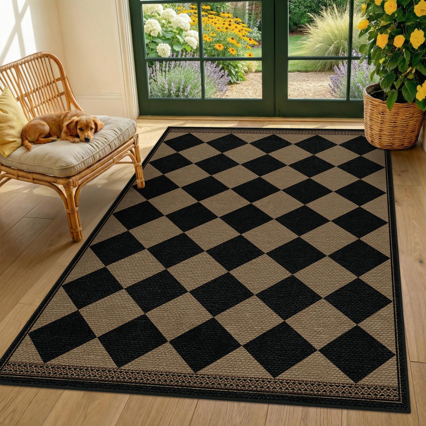 Black & Brown Checkered Easy Jute Outdoor Rug 4x6 for Porch Patio, Washable Non-Slip Diamond Checkerboard Entryway Office and Backyard Boho Border Rug, Farmhouse Low Pile Indoor Carpet for Living Room