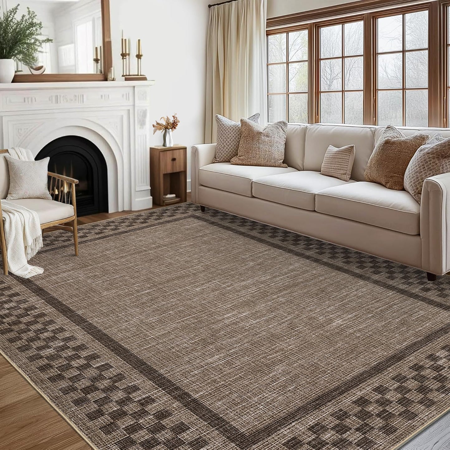GarveeHome Machine Washable 5x7 Area Rugs Modern Bordered Living Room Rug Non Slip Checkered Geometric Bedroom Throw Carpet Soft Boho Rugs for Dining Room Nursery Home Office, Brown
