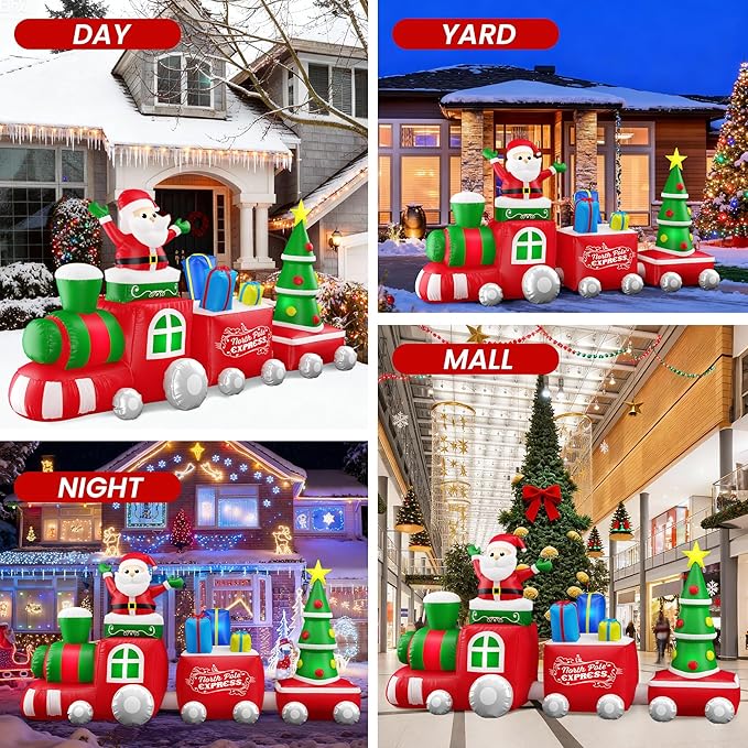 11 FT Deluxe Christmas Inflatables Train with Santa Claus, Gift Box, Christmas Tress, Built-in LED Lights, Blow Up Lovely Train Carriage for Christmas Party Holiday, Outdoor Garden Lawn Yard Decor