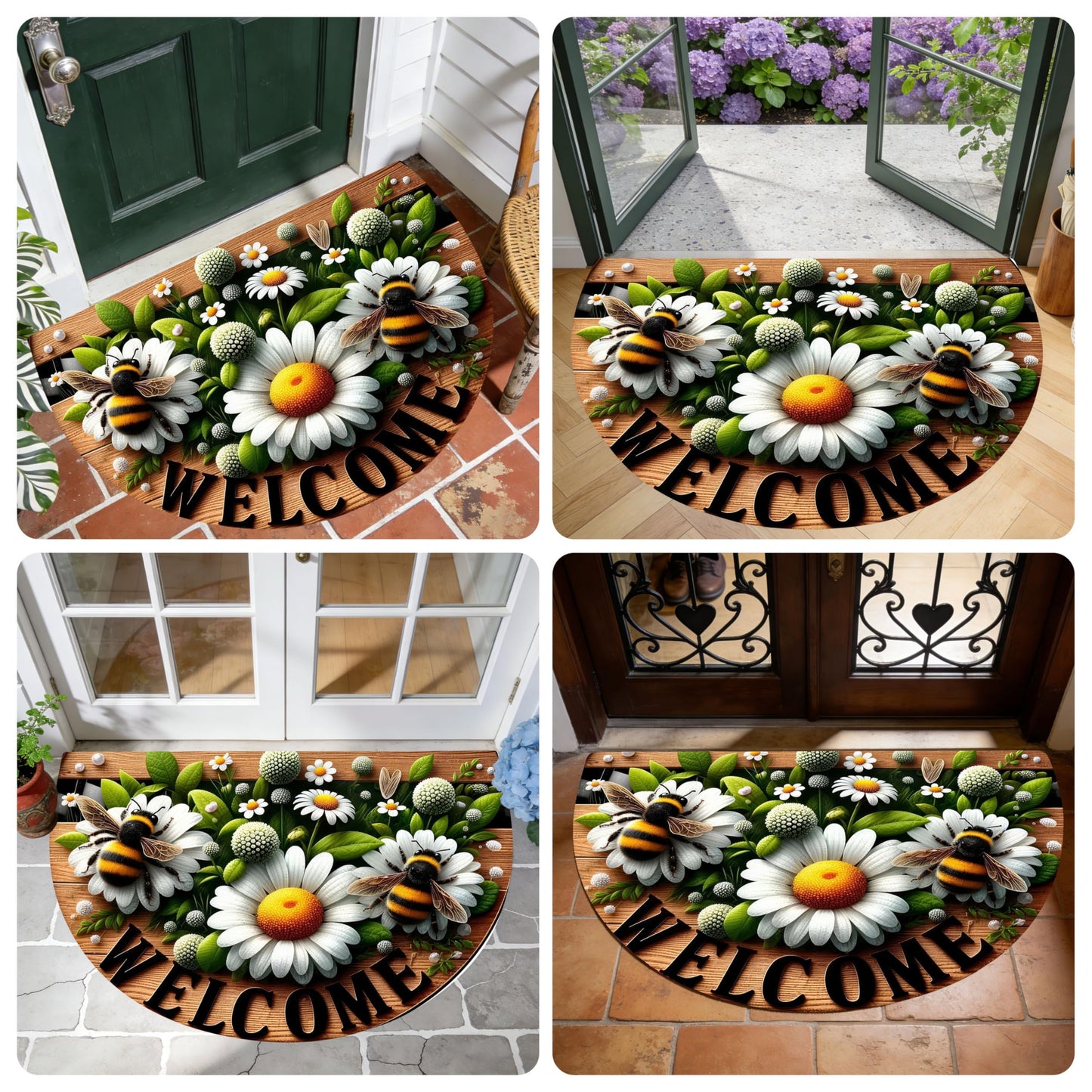 WOYUO Half Circle Door Mat 20"x31.5" Non-Slip Washable Welcome Mat, Low Profile Front Door Mat Semicircular Entrance Doormat, Dirt Trapper Floor Mat (Bees and Flowers, 24"x 36" Large Half Round)
