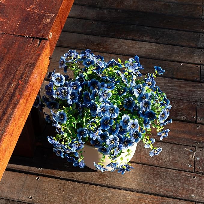 Outdoor Artificial Flowers, 8 Bundles Fake Flowers Autumn Decoration, No Fade Faux Plastic Shrubs for Garden Patio Porch Window Box Decor (Blue)