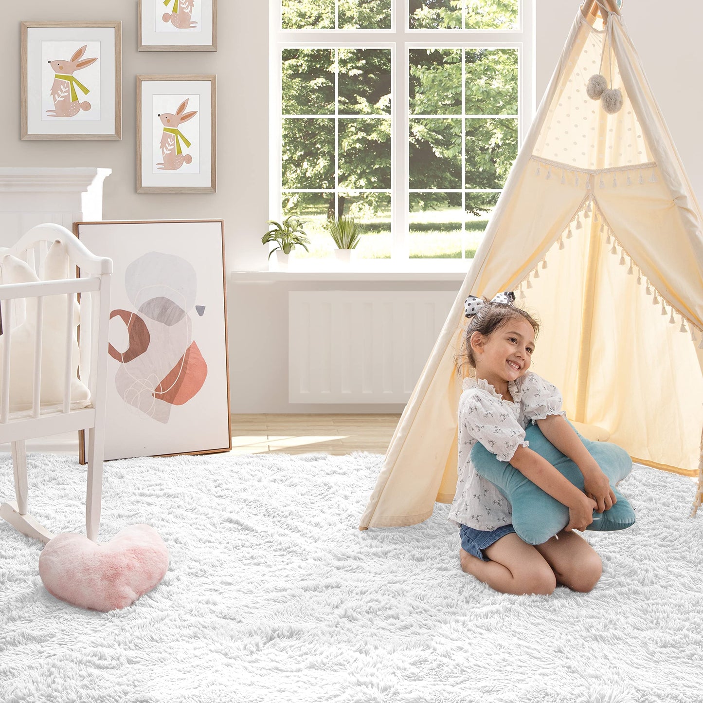 Ashler Area Rugs Ultra Soft Carpets Indoor, Fluffy Rugs for Bedroom Kids Room, Shaggy Washable Nursery Floor Rugs for Home Decor, Ture White, 6 x 8 Feet