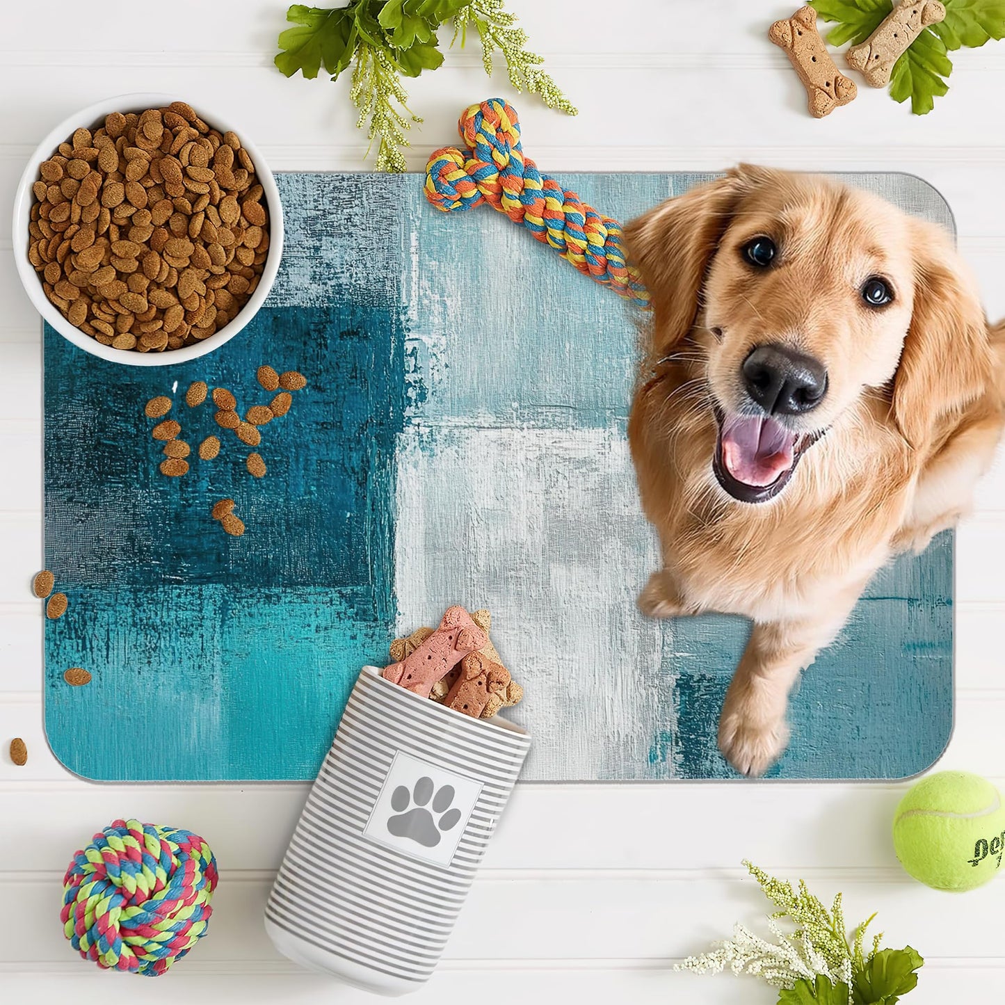 Turquoise Grey Dog Cat Food Mat,Teal Modern Art Absorbent Pet Feeding Mat for Food and Water,Non-Slip Dog Bowl Mats Floor Protector 16"x24"