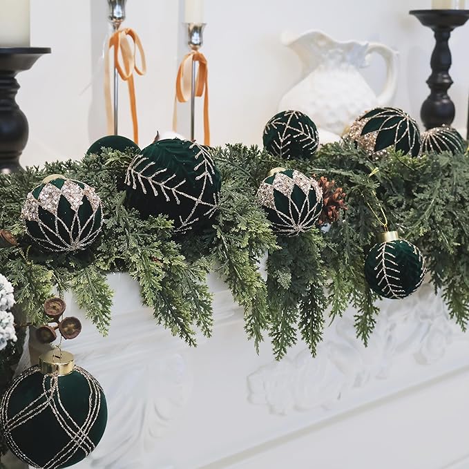4inch Velvet Ornaments for Christmas Tree, 9PCS Glitter Flocked Christmas Ornaments Decorations Balls Set Decor Green