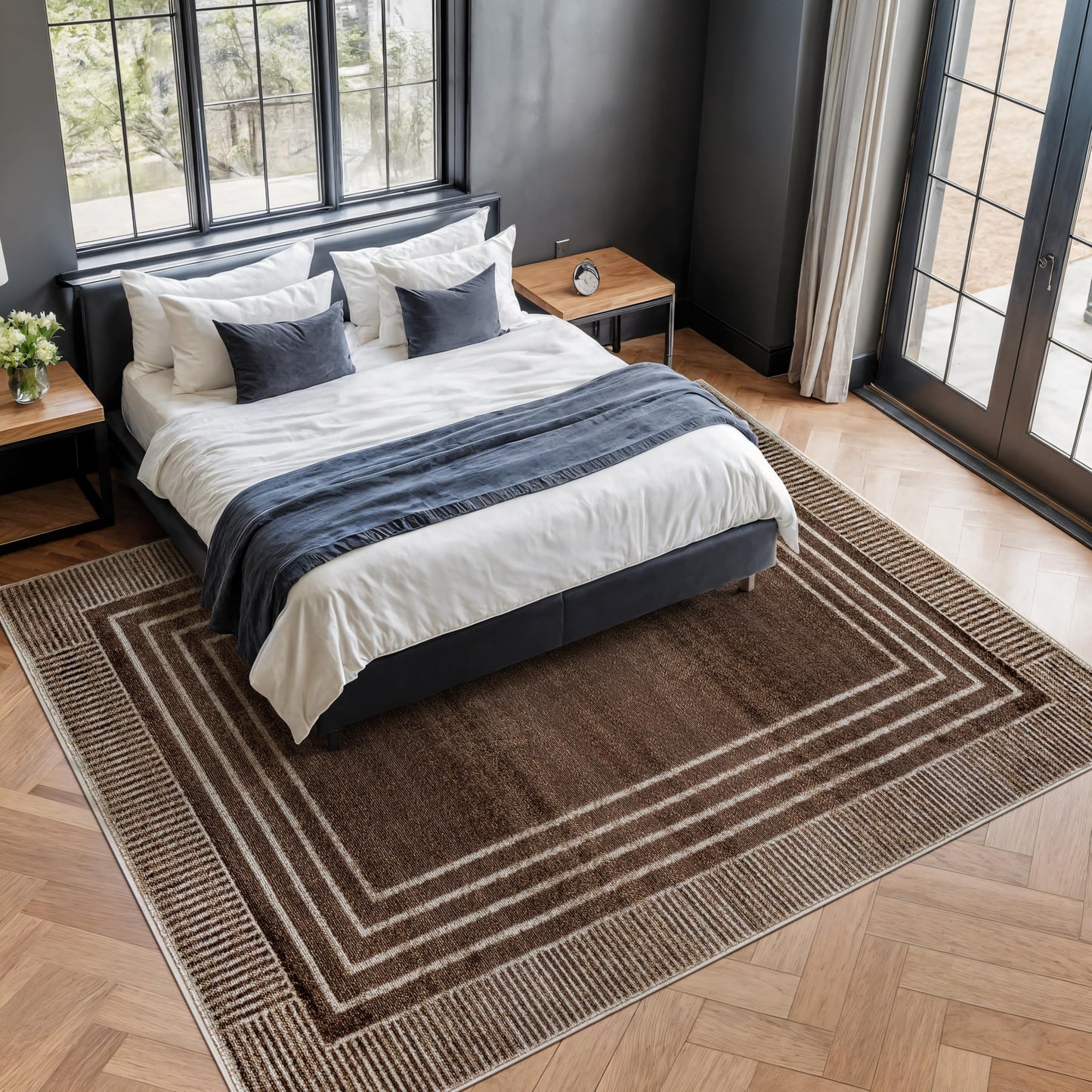 Rugshop Contemporary Geometric Bordered Indoor Area Rug for Living Room,Bedroom,Kitchen Rug Low Pile Rug with Jute Backing 7' 10" x 10' Brown