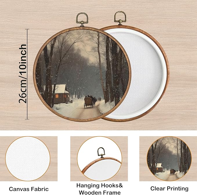KSDUT Vintage Winter Wall Decor Art - Snowy House Wall Art Canvas Frame Hanging Prints, Retro Xmas Forest Woodland Wild Animal Round Wall Art Decor for Home Farmhouse Decorations 10"x10"