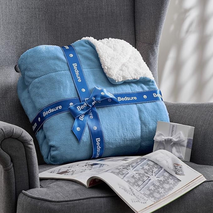 Bedsure GentleSoft Sherpa Fleece Blankets Queen Size for Bed - Thick and Warm Throw for Men, Soft Fuzzy Plush Queen Blanket for Winter, Washed Blue, 90x90 Inches