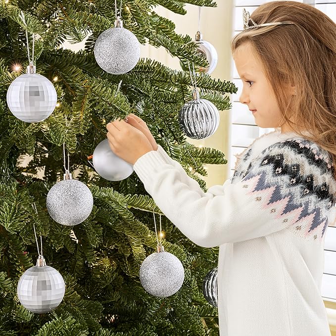 JOIEDOMI 24 Pcs Silver Christmas Balls Ornaments, 2.36" Christmas Tree Ornaments Set, Shatterproof Xmas Balls Hanging Decorations for Tree Wreath Garland Holiday Wedding Indoor Party Decor