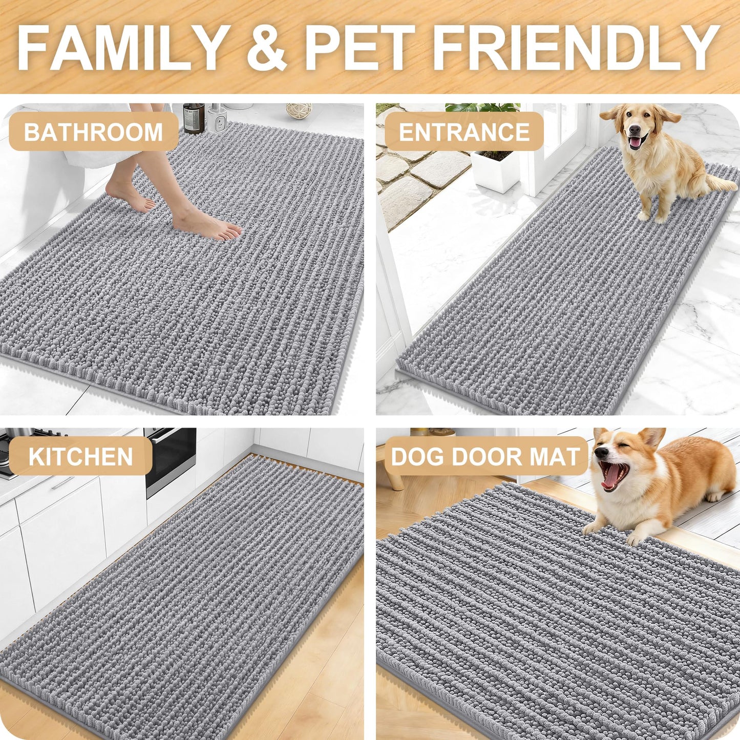 OLANLY Bathroom Rug Mat 30x20, Thick Soft and Absorbent Chenille Bath Mat, Non-Slip Rubber Backing, Machine Washable Quick Dry Bath Rugs for Tub Shower Floor, Home Decor Accessories, Grey