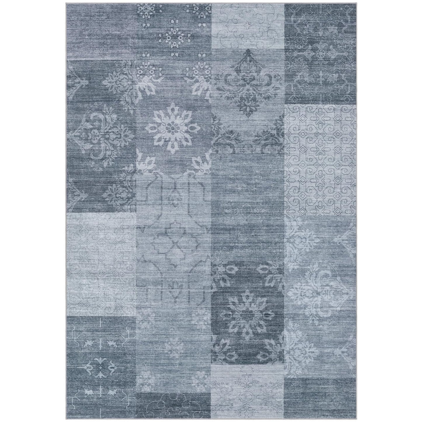 UERMEI 8x10 Area Rug Washable, Blue Modern Geometric Rugs for Living Room, Non-Slip Patchwork Carpet, Stain Resistant Low-Pile Foldable Rug for Bedroom Dining Room