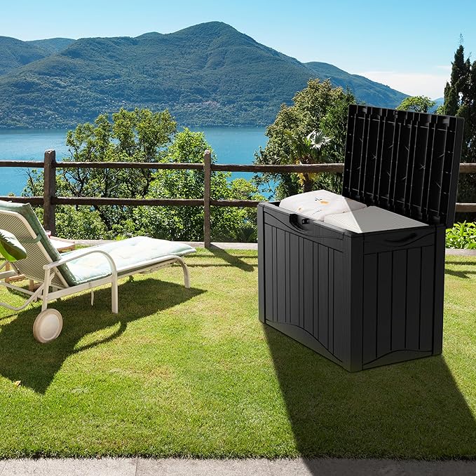 45 Gallon Outdoor Storage Box Waterproof Lockable Resin Deck Box Large, Patio Storage Bin for Pool Accessories Cushion Furniture, Garden Tools, UV-Resistant Outside Delivery Black