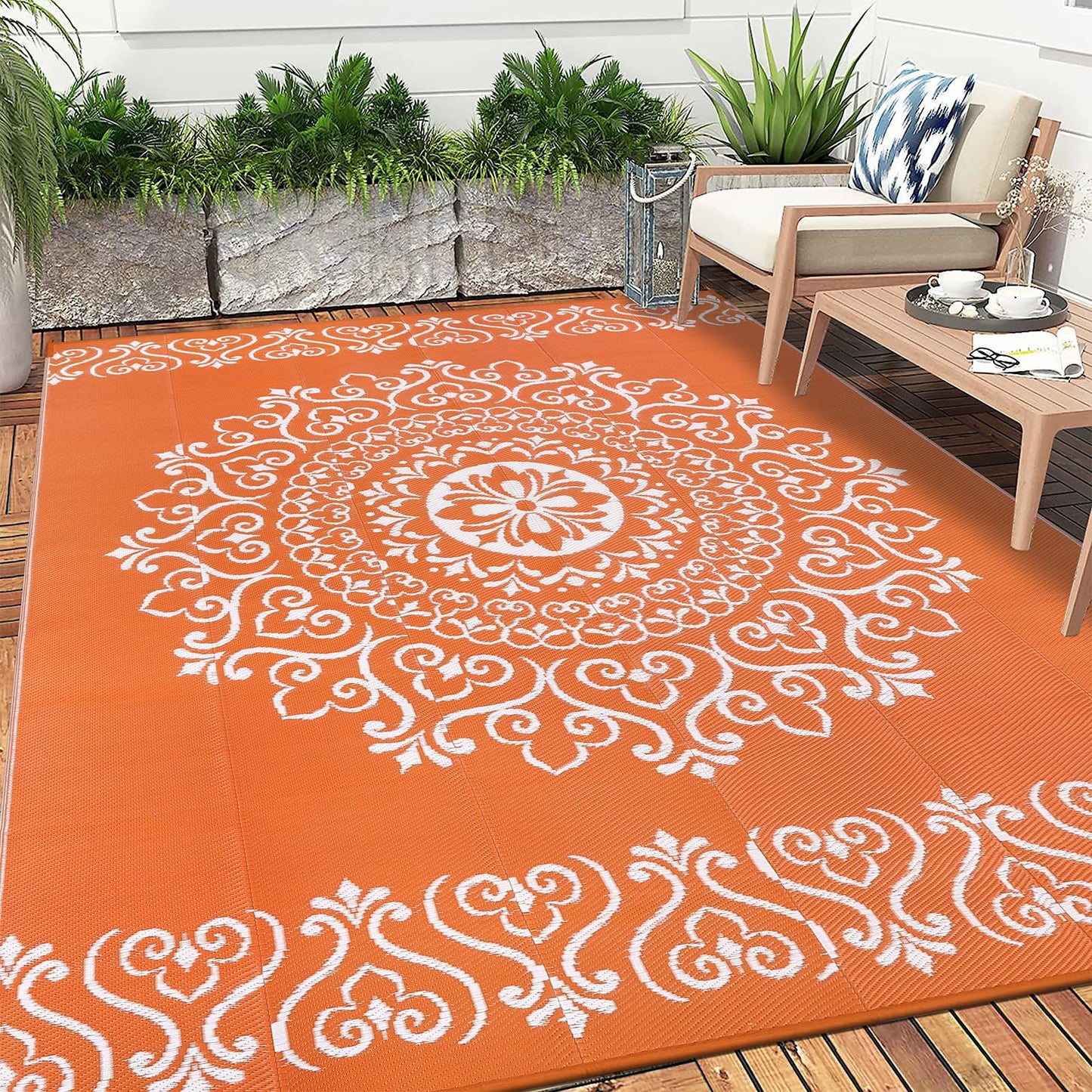 Pauwer Waterproof Outdoor Rug 8x10, Reversible Plastic Straw Patio Camping Rug, Indoor Outdoor RV Mat Carpet for Deck, Camper, Porch, Balcony, Backyard, Picnic, Floral Orange