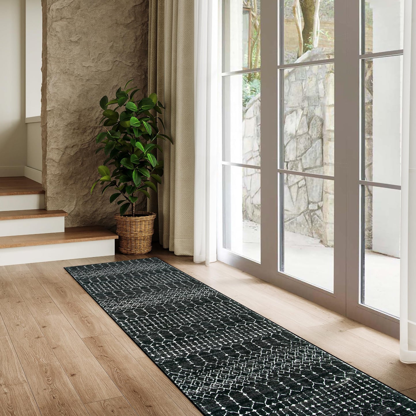 Lahome Moroccan Black Long Runner Washable Hallway Rug, Ultra-Thin Non Slip Kitchen Runner, Soft Modern Print Indoor Floor Carpet for Entryway Stair (Black, 2'5''x12'') Hana