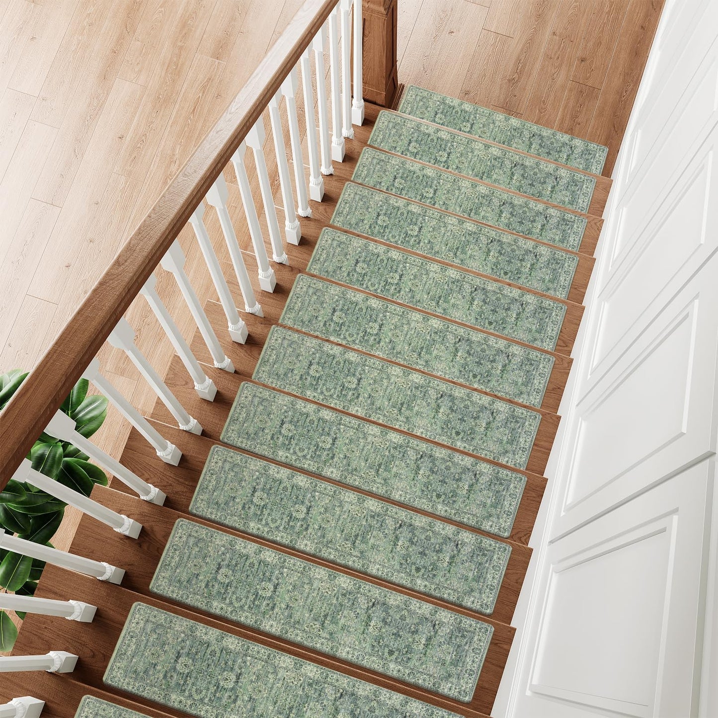OJIA Extra Non-Slip Stair Treads for Wooden Steps, 30"X8" Indoor Stair Runners Slip Resistant Stair Rugs Safety Mats for Dogs, Kids & Elders, Rubber Backed Stair Treads Stair Covers, 15PC, Green