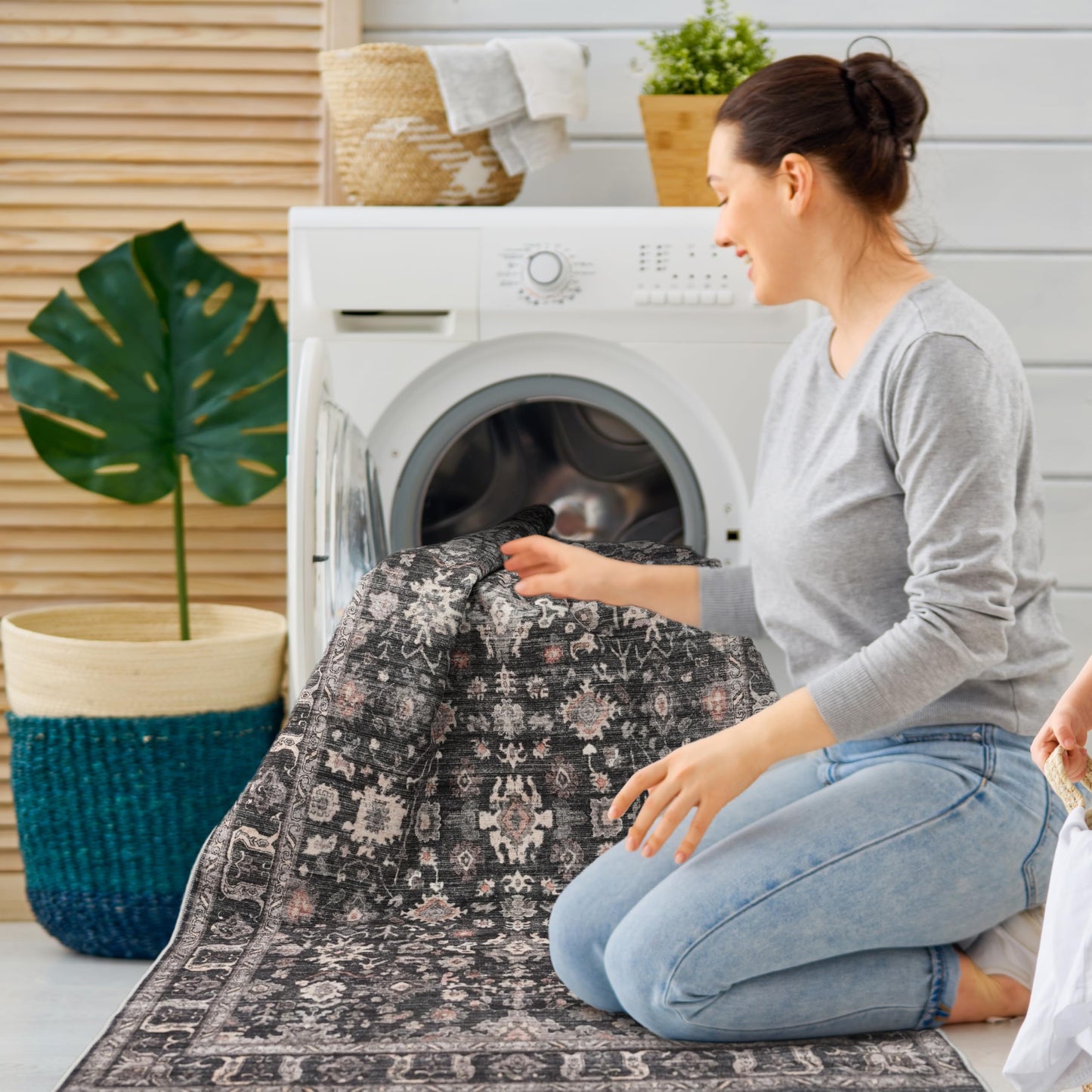 TOPRUUG Washable 6x6 Rug Square - Ultra Soft Living Room Area Rug Under Sofa Non-Slip Rugs for Bedroom Dining Room - Non-Slip & Stain Resistance Rugs for High Traffic Area (Dark Black Gray, 6x6)