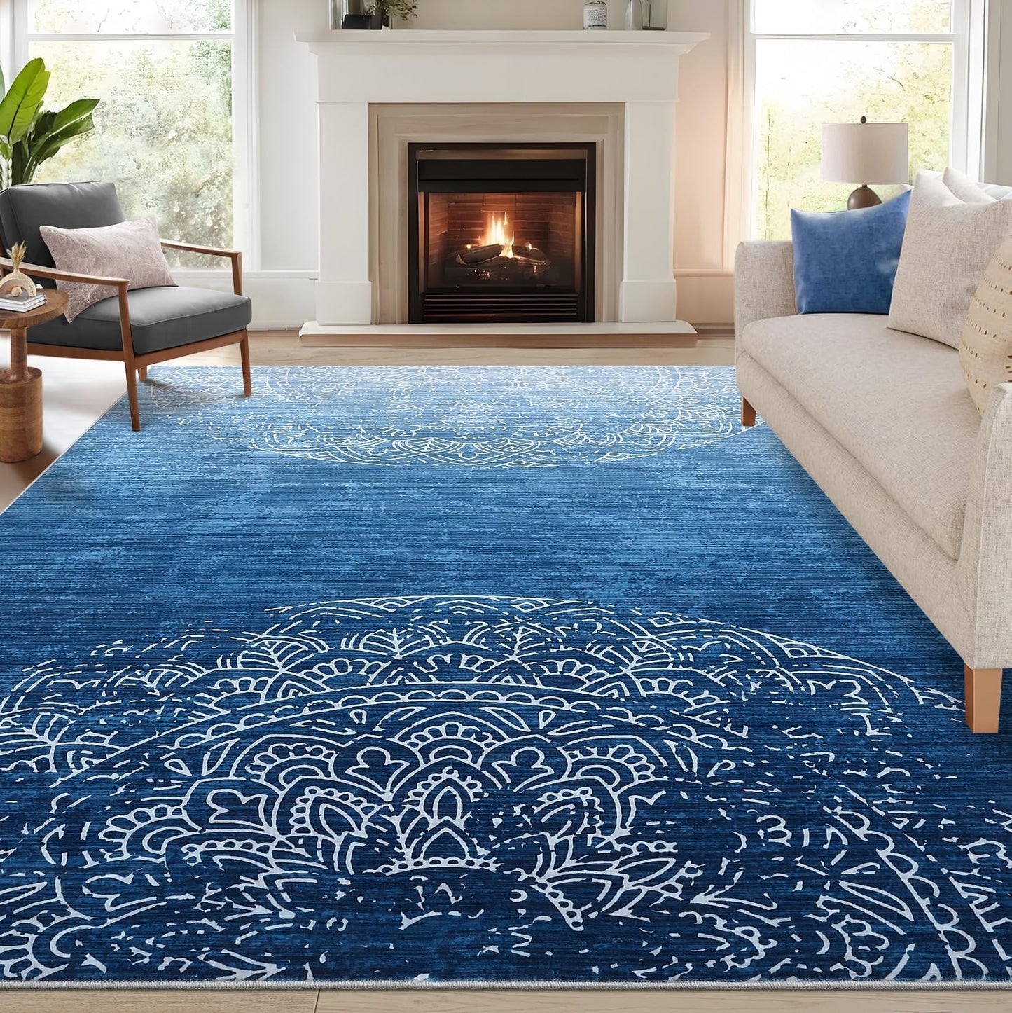 Garvee 9x12 Area Rugs for Living Room, Machine Washable Area Rug for Bedroom, Traditional Medallion Rug with Non Slip Backing, Stain Resistant Non Shedding Farmhouse Carpet for Dining Room, Blue