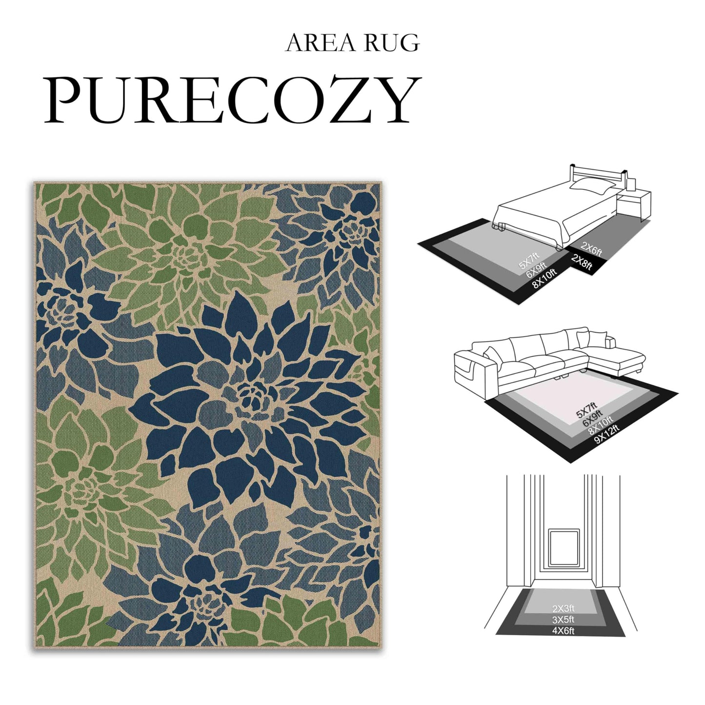 PureCozy 5x7 Easy Jute Outdoor Rug Navy/Green Floral Textured Indoor Outdoor Area Rug Farmhouse Patio Carpet for Backyard, Patio, Porch, Easy-Cleaning, High Traffic, Pet-Friendly, Non-Shedding