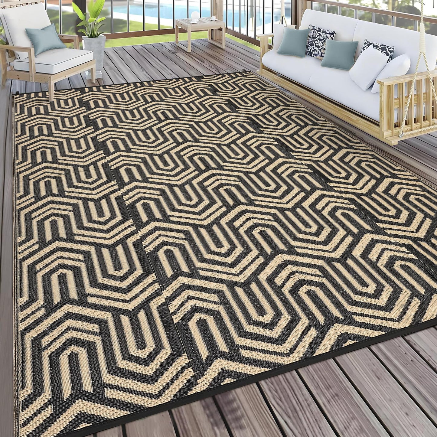 GarveeHome 9'x12' Outdoor Rug Waterproof β Large Patio Mat for Under Dining Table or Sectional Sofa β Low Pile Reversible Plastic Mat, Stain Resistant & Hose Clean, All-Weather UV Coated, Coffee