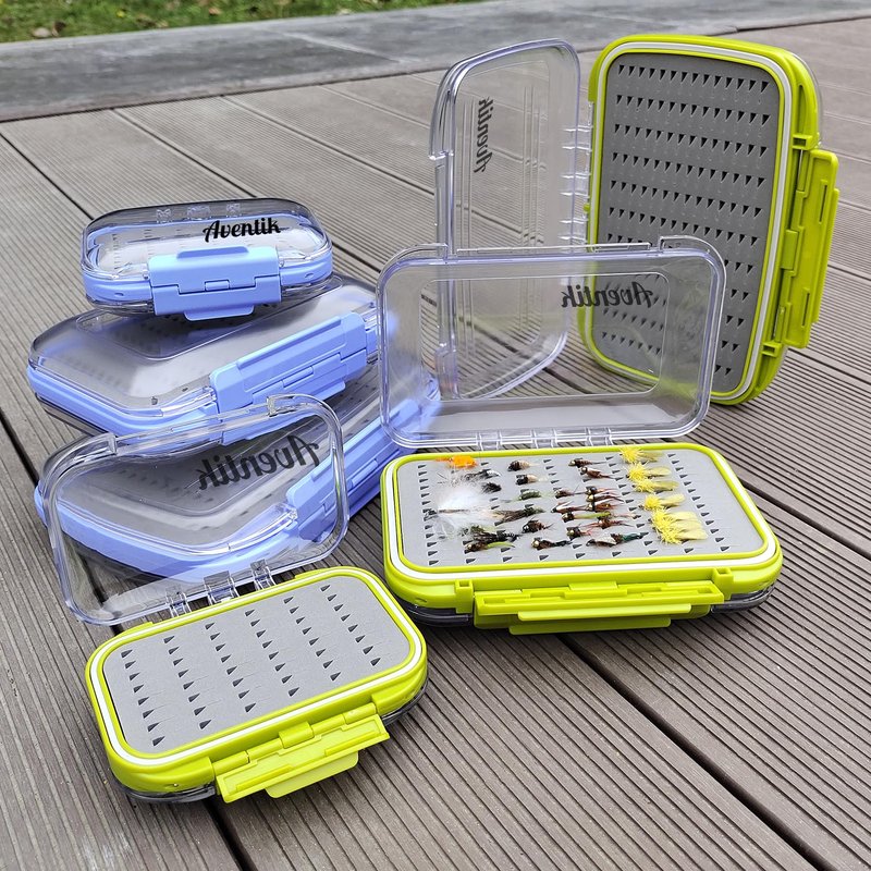 Aventik Waterproof Clear Fly Box Double Sides Floating Lightweight Fly Fishing Case Large Capacity Grip Foam Nymph Wet Dry Flies Lure Box(H18 Blue, SIZE A:4.24X3.04X1.36inch)