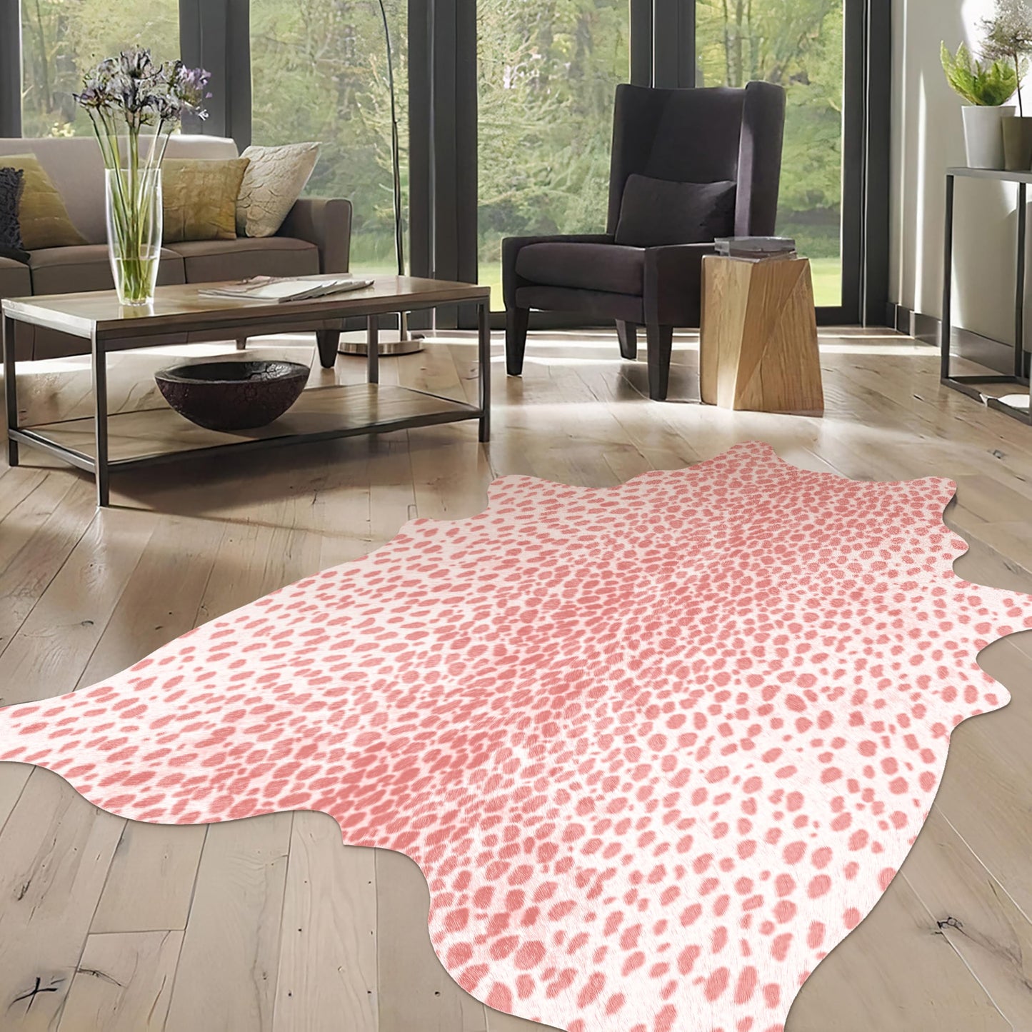 WARM HAVEN Leopard Print Rug, Animal Print 5.2x6.2 Feet Cowhide Rug for Living Room Bedroom Cow Hide Cheetah Faux Fake Antelope Deer Western Rustic Pink