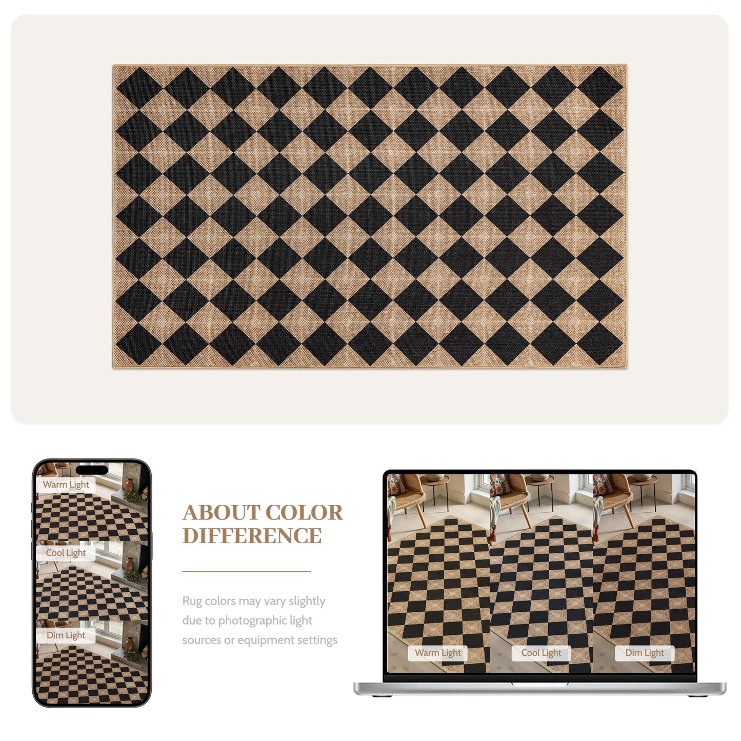 Dadasgk 5x7 Checkered Easy Jute Rug – Washable Non-Slip Indoor Outdoor Carpet, Black Textured Diamond Pattern, Neutral Area Rug for Living Room, Bedroom, Dining Room, Patio, Farmhouse Style