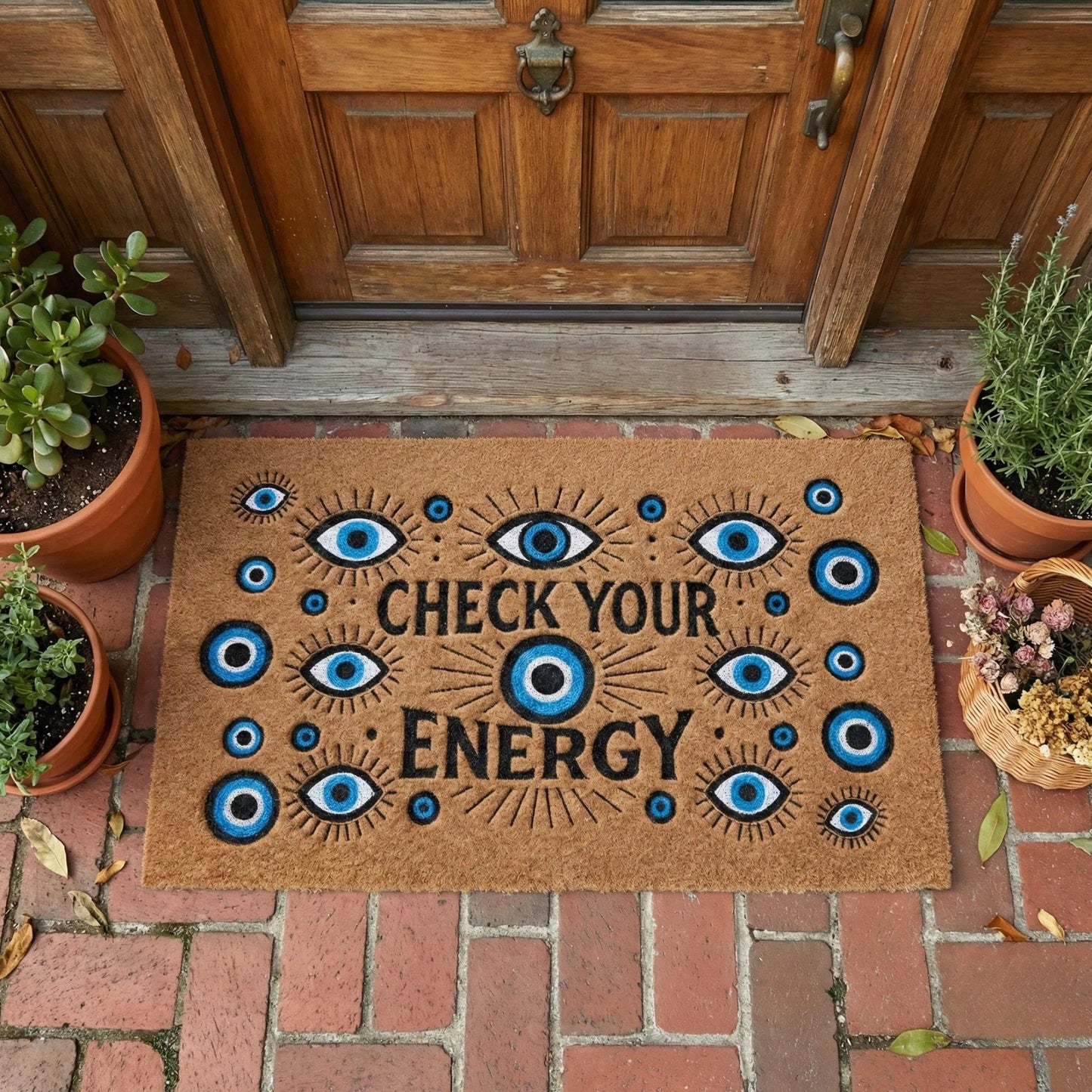 SAIONJI Check Your Energy with Evil Eye 30" x 18" Faux Coir Welcome Mat, Non-Slip Rubber Backing, Waterproof & Durable
