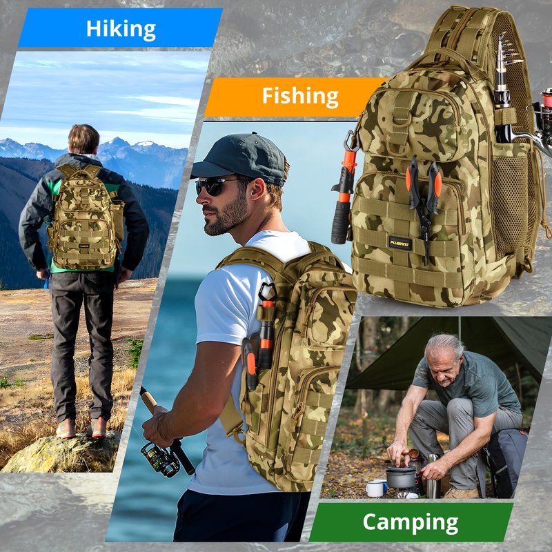 PLUSINNO Fishing Backpack, Fishing Bag, Waterproof Sling Tackle Bag For Fishing Gear With Rod Holder, Fish Gifts for Men