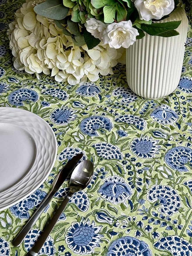 ATOSII Amara 100% Cotton Round Fall Tablecloth, Handblock Print Floral Table Cloth for Kitchen Dining Linen I Parties, Weddings, Christmas, Thanksgiving, Easter Grandmillennial Decor 60" Inches Round